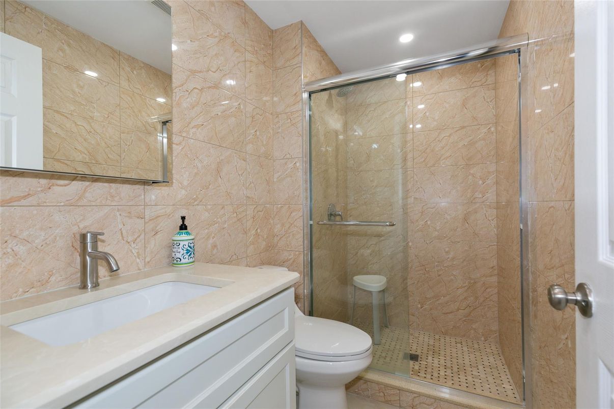 Bathroom, Glass Shower, Interior, Recessed Lighting