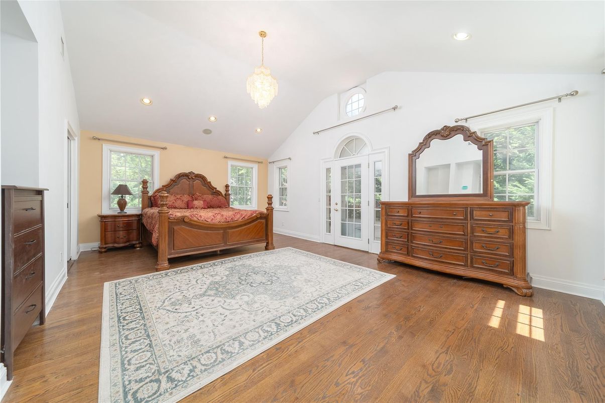 Bedroom, Chandelier, Interior, Pendant Lights, Recessed Lighting, Wood Texture Flooring