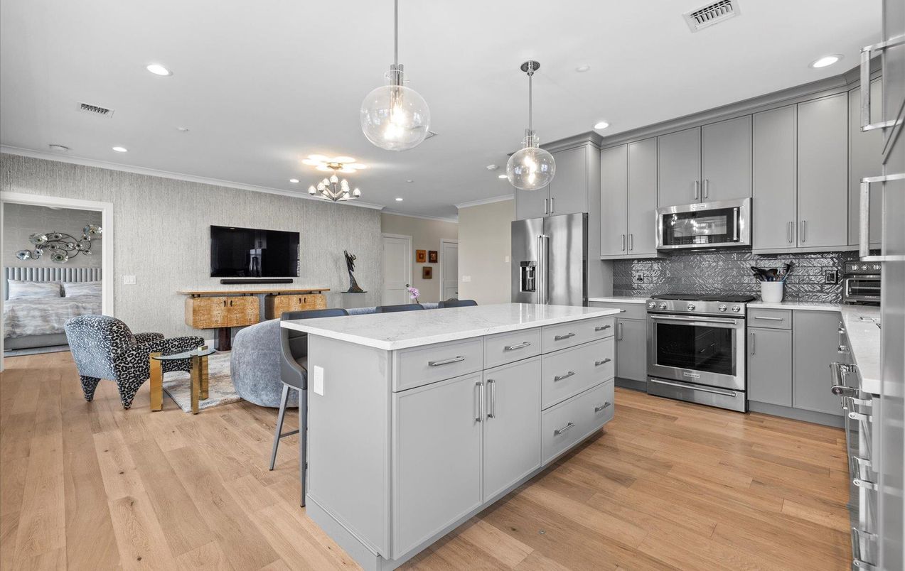 Interior, Kitchen, Pendant Lights, Recessed Lighting, Stainless Steel Appliances, Wood Texture Flooring