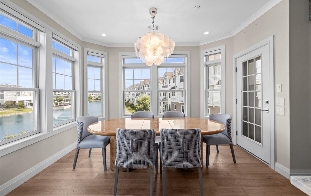 Chandelier, Dining room, Interior, Recessed Lighting, Water, Wood Texture Flooring
