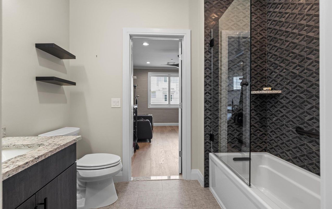 Bathroom, Glass Shower, Interior, Recessed Lighting, Wood Texture Flooring