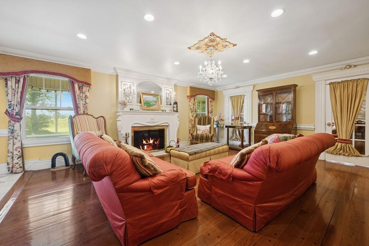 Chandelier, Fireplace, Interior, Living room, Recessed Lighting, Wood Texture Flooring