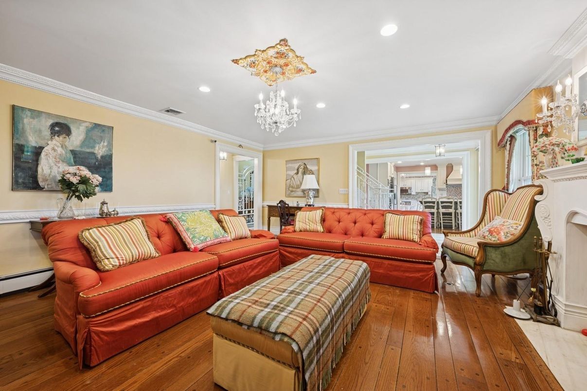 Chandelier, Fireplace, Interior, Living room, Recessed Lighting, Wood Texture Flooring