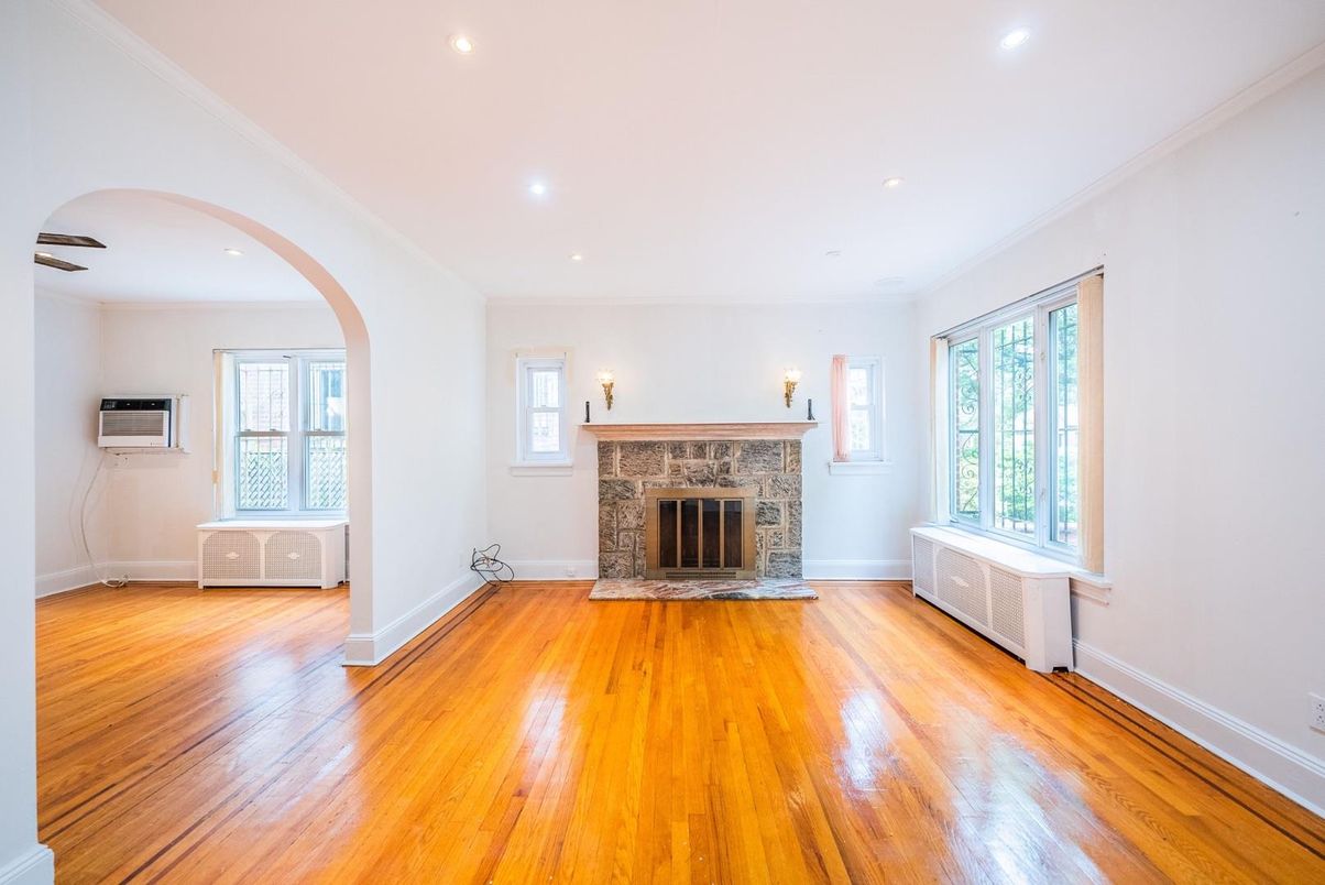 Empty room, Fireplace, Interior, Recessed Lighting, Wood Texture Flooring
