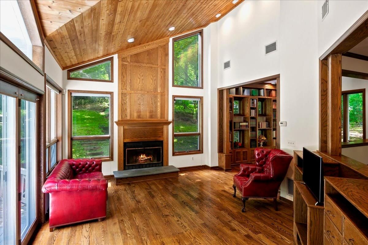 Fireplace, Interior, Living room, Recessed Lighting, Wooden Ceilings, Wood Texture Flooring
