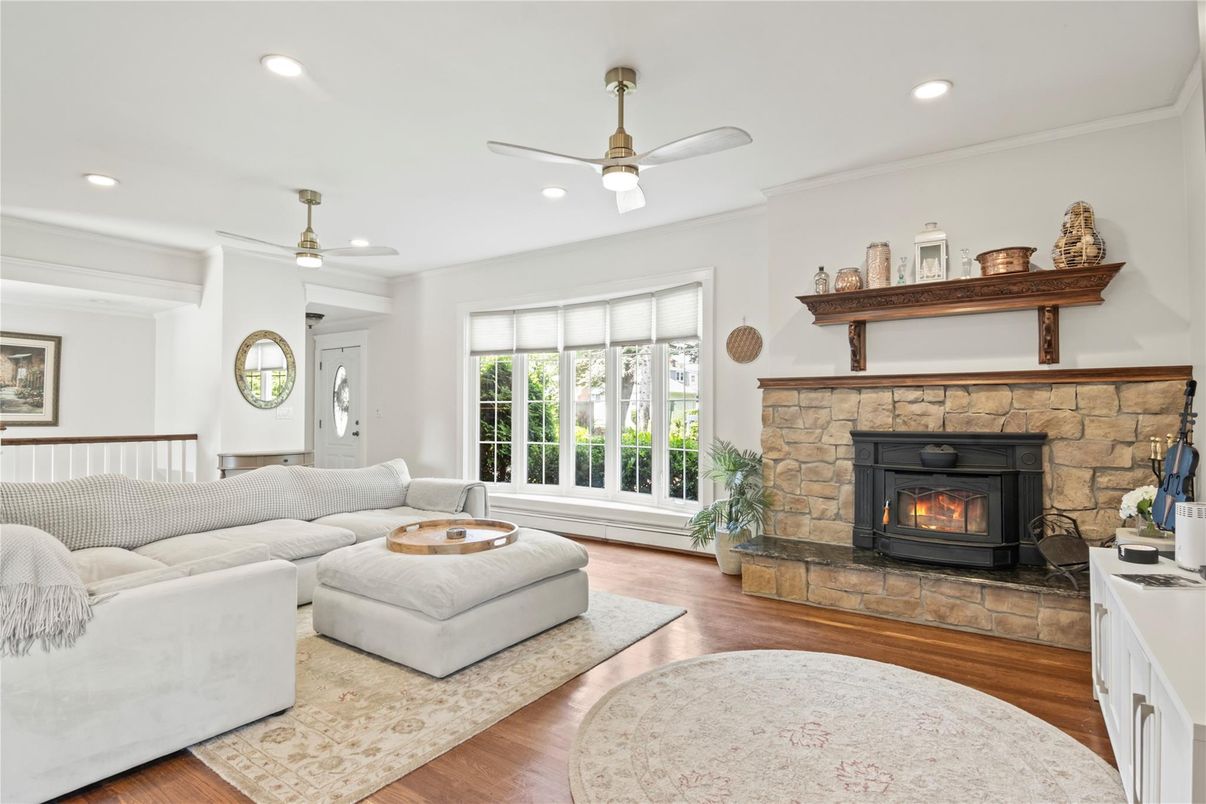 Fireplace, Interior, Living room, Recessed Lighting, Wood Texture Flooring