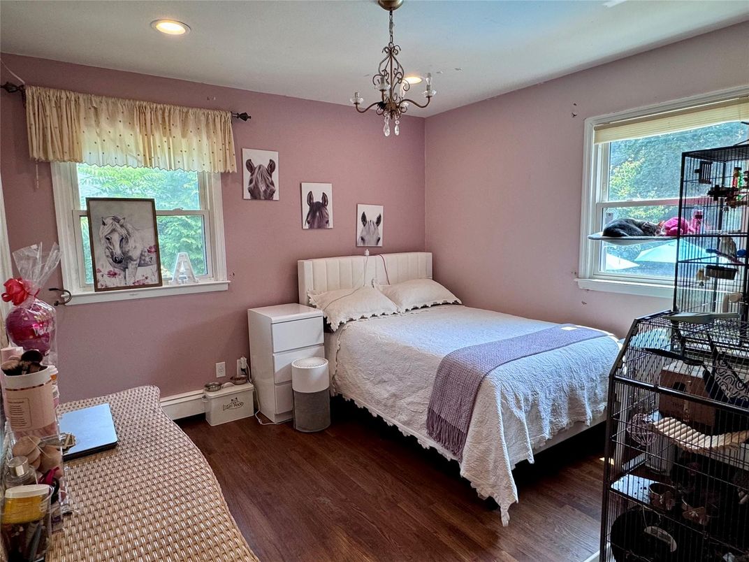 Bedroom, Chandelier, Interior, Recessed Lighting, Wood Texture Flooring