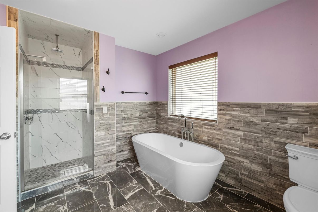 Bathroom, Free Standing Baths, Glass Shower, Interior, Marble, Marble Walls, Wooden Walls