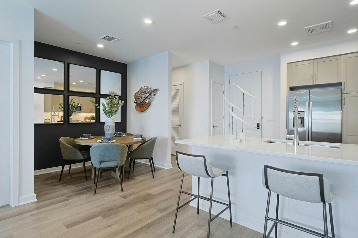 Dining room, Interior, Kitchen, Recessed Lighting, Stainless Steel Appliances, Wood Texture Flooring