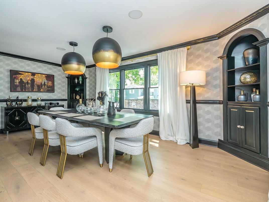 Dining room, Fireplace, Interior, Wood Texture Flooring
