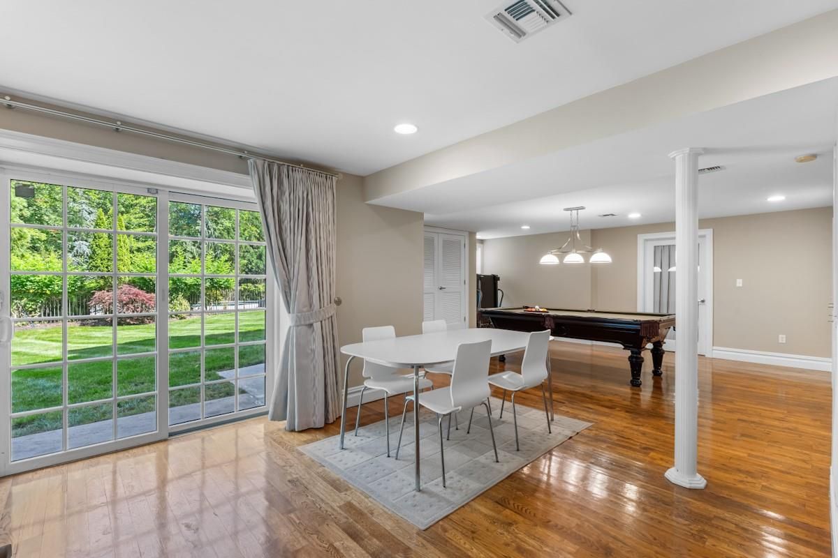 Billiard Table, Dining room, Game Room, Interior, Pendant Lights, Recessed Lighting, Wood Texture Flooring