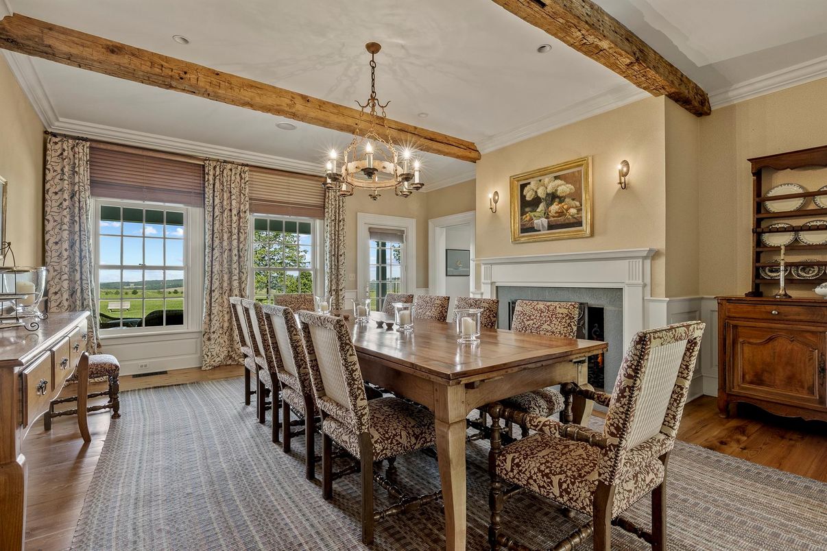 Chandelier, Dining room, Fireplace, Interior, Recessed Lighting, Wooden Beams, Wood Texture Flooring
