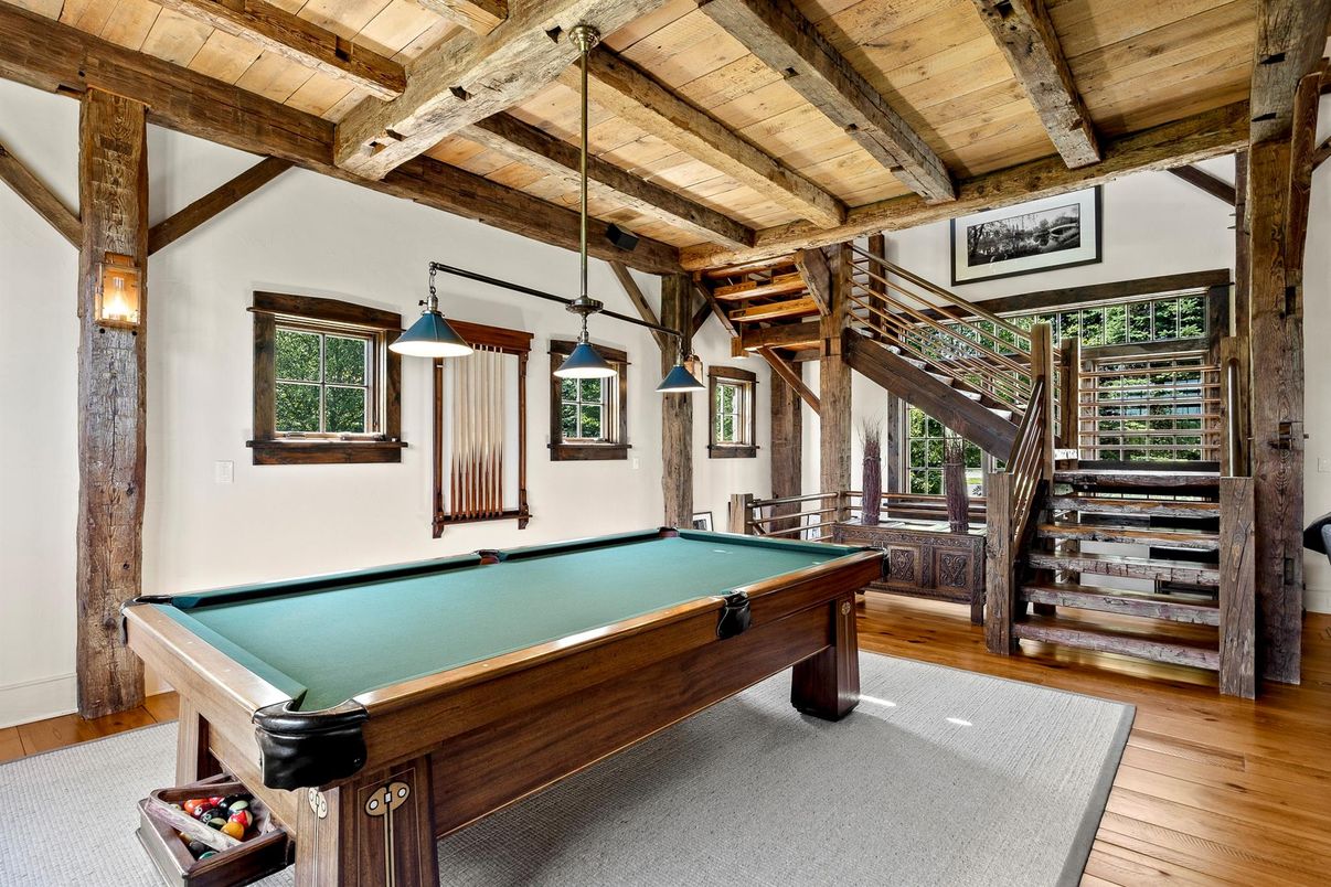 Billiard Table, Game Room, Interior, Pendant Lights, Wooden Beams, Wooden Ceilings, Wood Texture Flooring