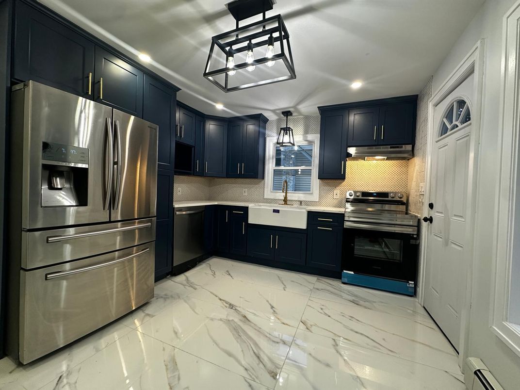 Interior, Kitchen, Marble, Pendant Lights, Recessed Lighting, Stainless Steel Appliances