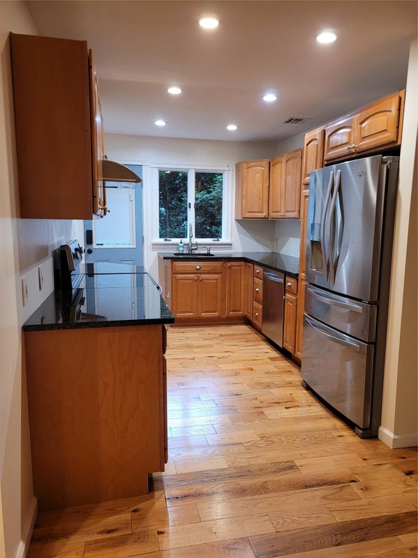 Interior, Kitchen, Recessed Lighting, Stainless Steel Appliances, Wood Texture Flooring