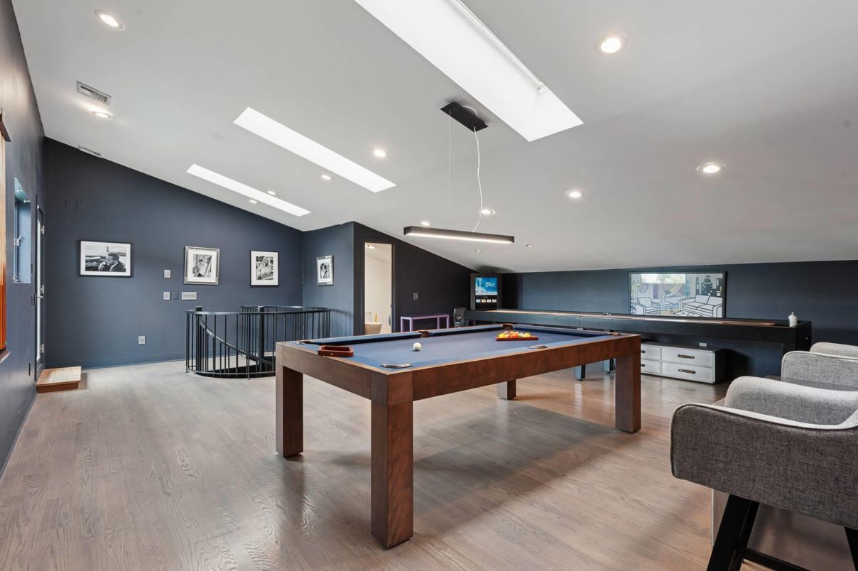 Billiard Table, Game Room, Interior, Pendant Lights, Recessed Lighting, Wood Texture Flooring