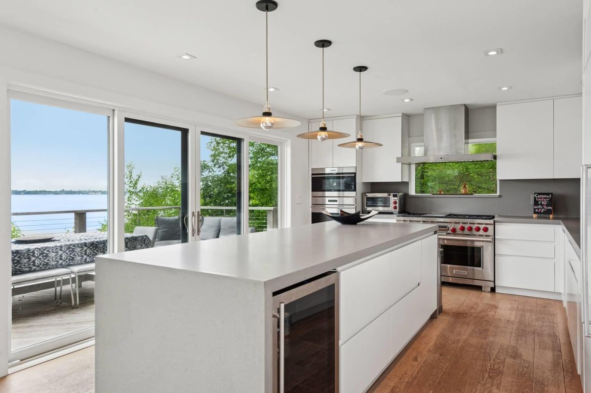 Interior, Kitchen, Pendant Lights, Recessed Lighting, Stainless Steel Appliances, Water, Wood Texture Flooring