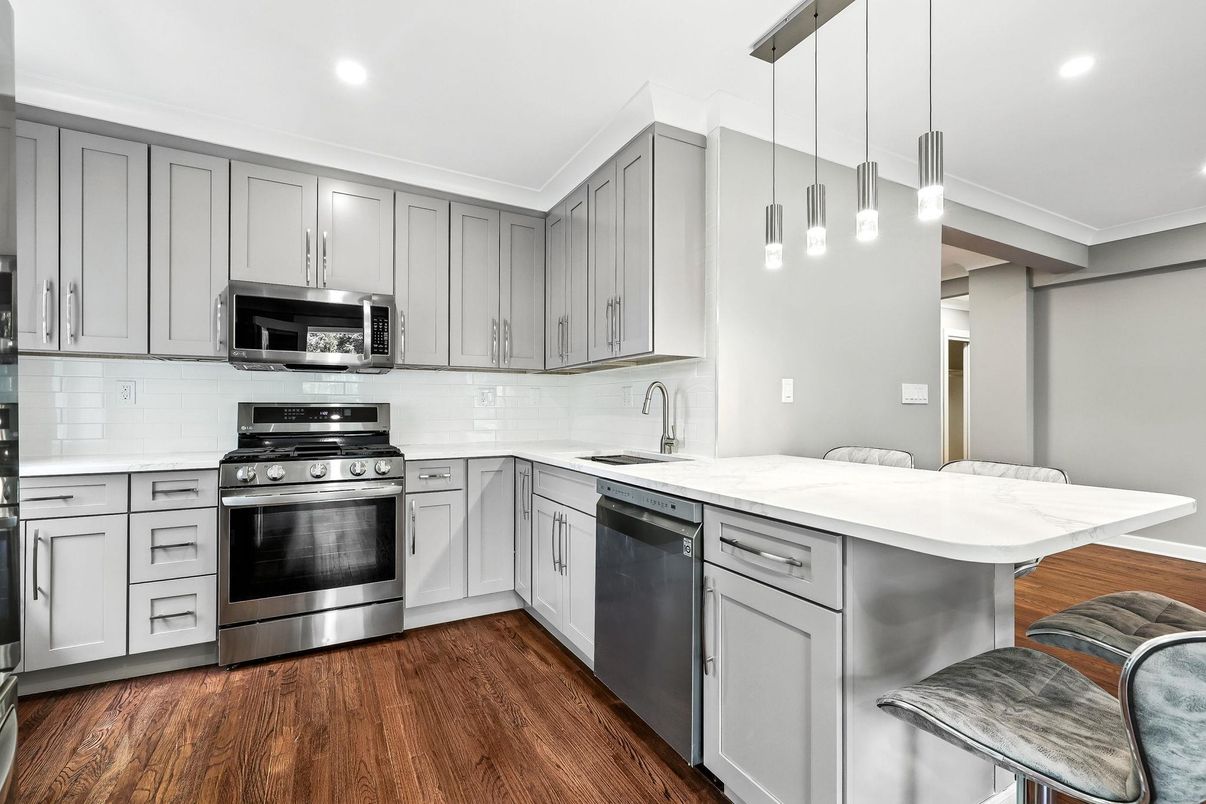 Interior, Kitchen, Pendant Lights, Recessed Lighting, Stainless Steel Appliances, Wood Texture Flooring