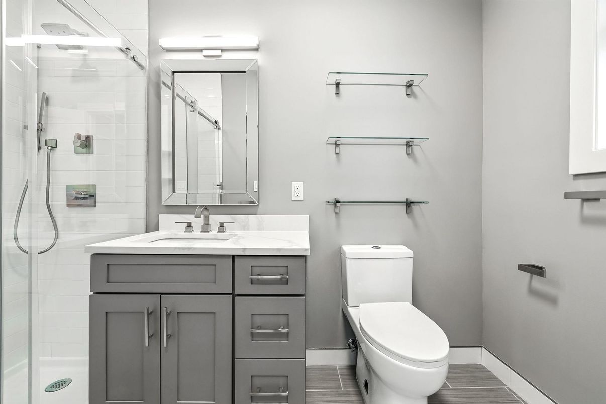Bathroom, Glass Shower, Interior, Wood Texture Flooring