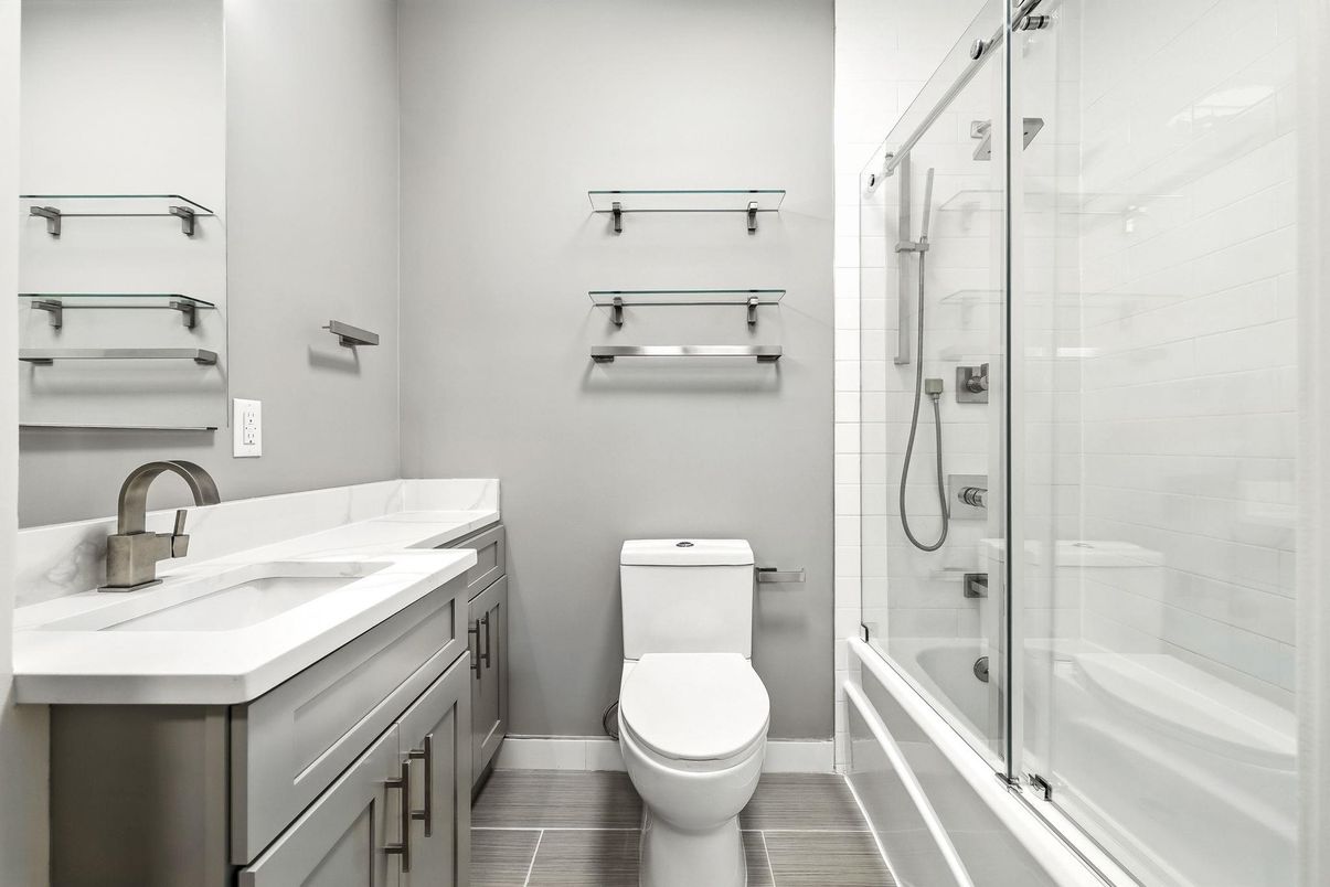 Bathroom, Glass Shower, Interior, Wood Texture Flooring