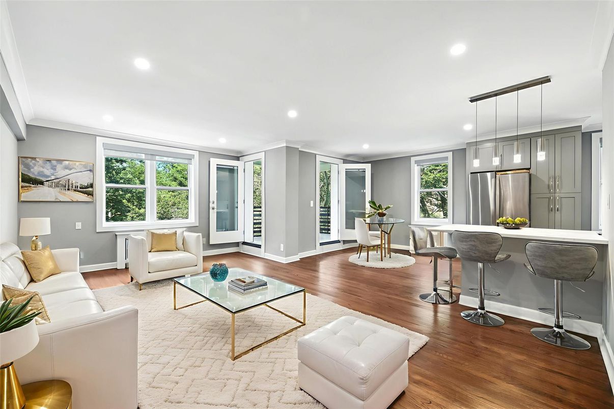 Interior, Kitchen, Living room, Pendant Lights, Recessed Lighting, Stainless Steel Appliances, Wood Texture Flooring
