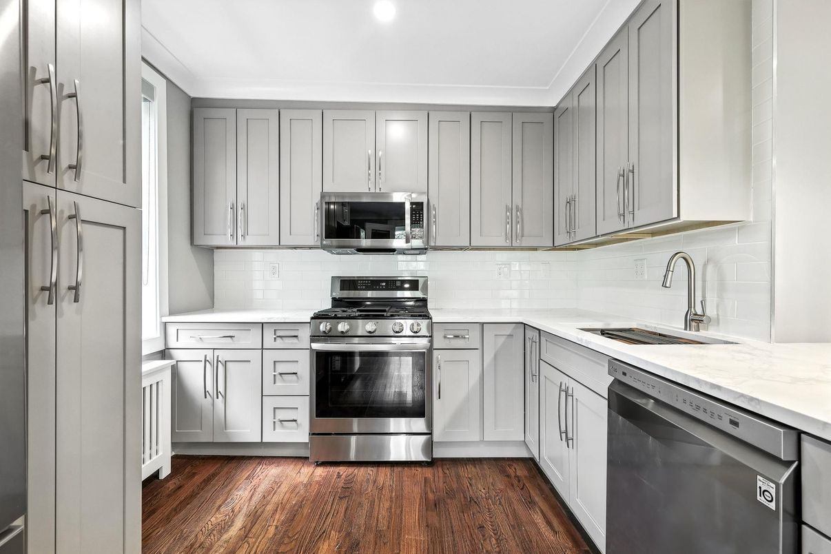 Interior, Kitchen, Recessed Lighting, Stainless Steel Appliances, Wood Texture Flooring