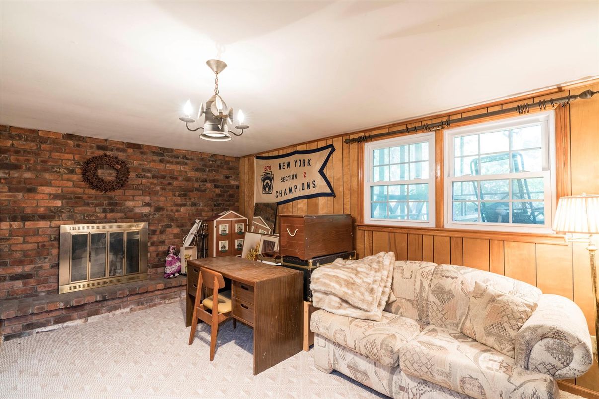 Chandelier, Fireplace, Home Office, Interior, Stone Walls