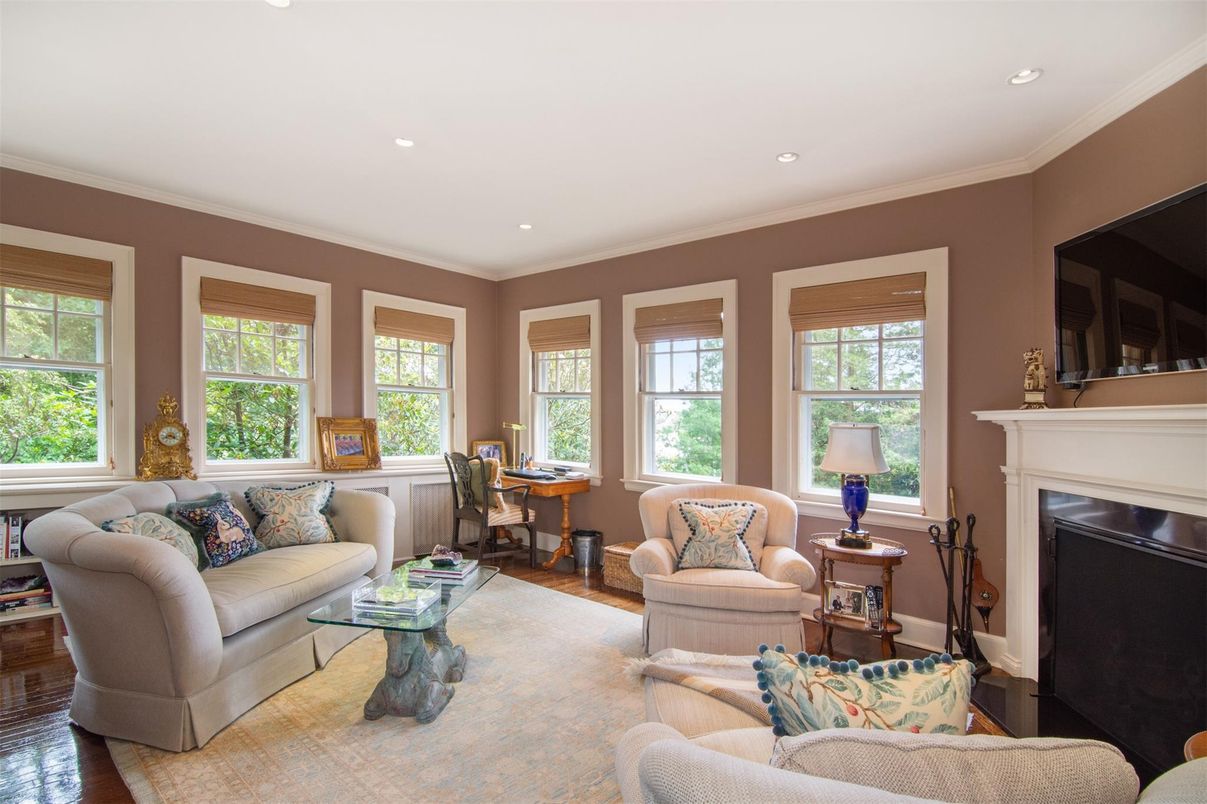 Fireplace, Home Office, Interior, Living room, Recessed Lighting, Wood Texture Flooring