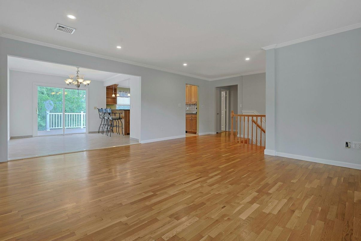 Chandelier, Empty room, Interior, Kitchen, Recessed Lighting, Wood Texture Flooring