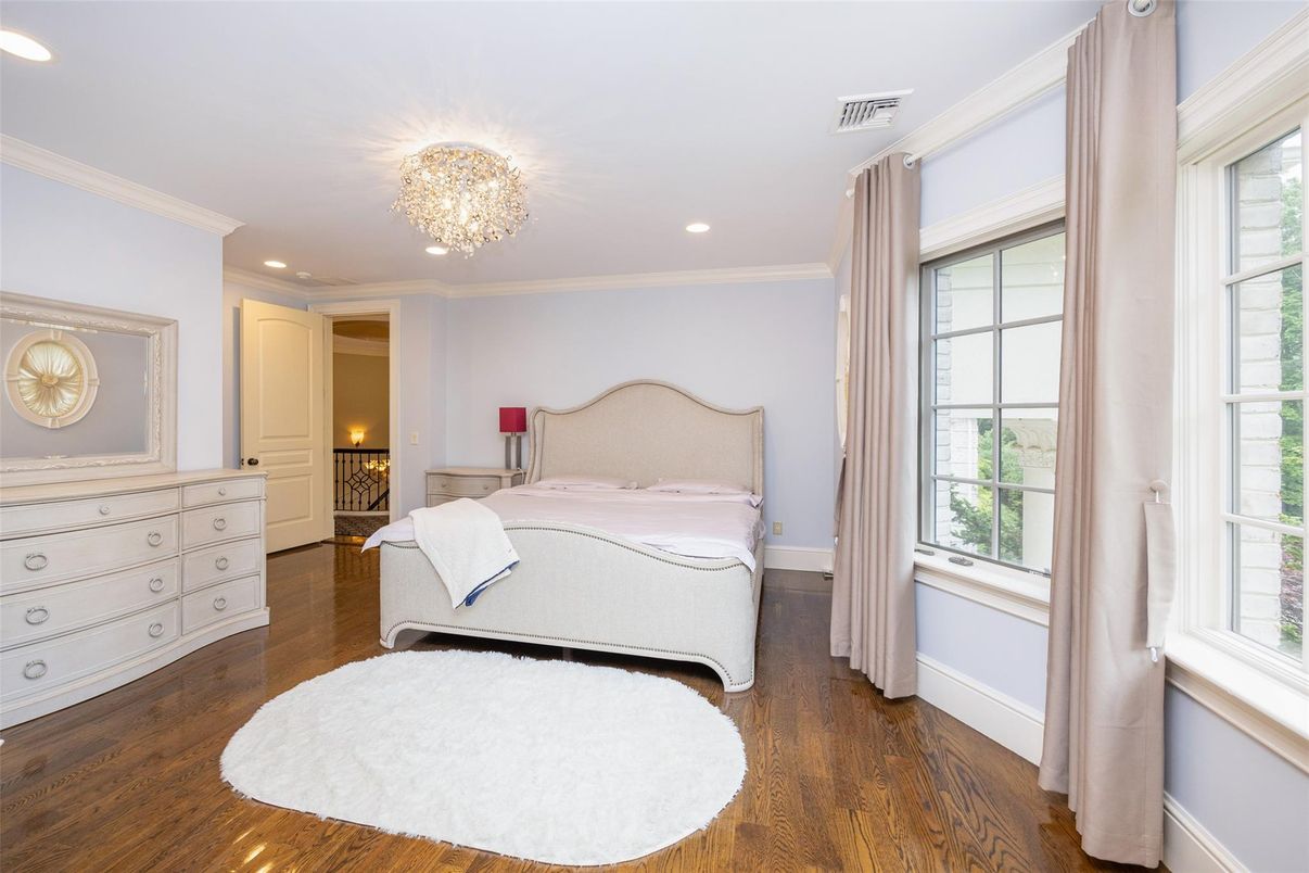 Bedroom, Chandelier, Interior, Recessed Lighting, Wood Texture Flooring