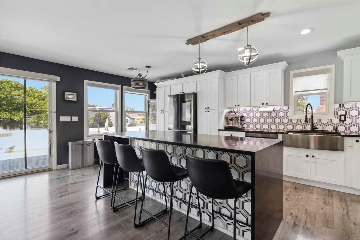 Interior, Kitchen, Pendant Lights, Recessed Lighting, Stainless Steel Appliances, Wooden Beams, Wood Texture Flooring