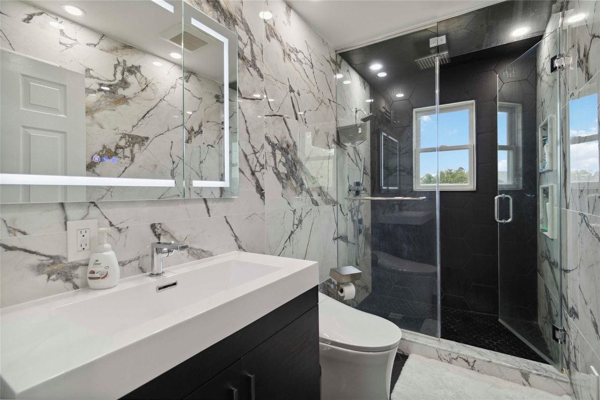Bathroom, Glass Shower, Interior, Marble Walls, Recessed Lighting