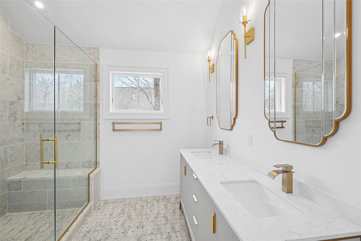 Bathroom, Dual Sink Vanities, Glass Shower, Interior, Recessed Lighting