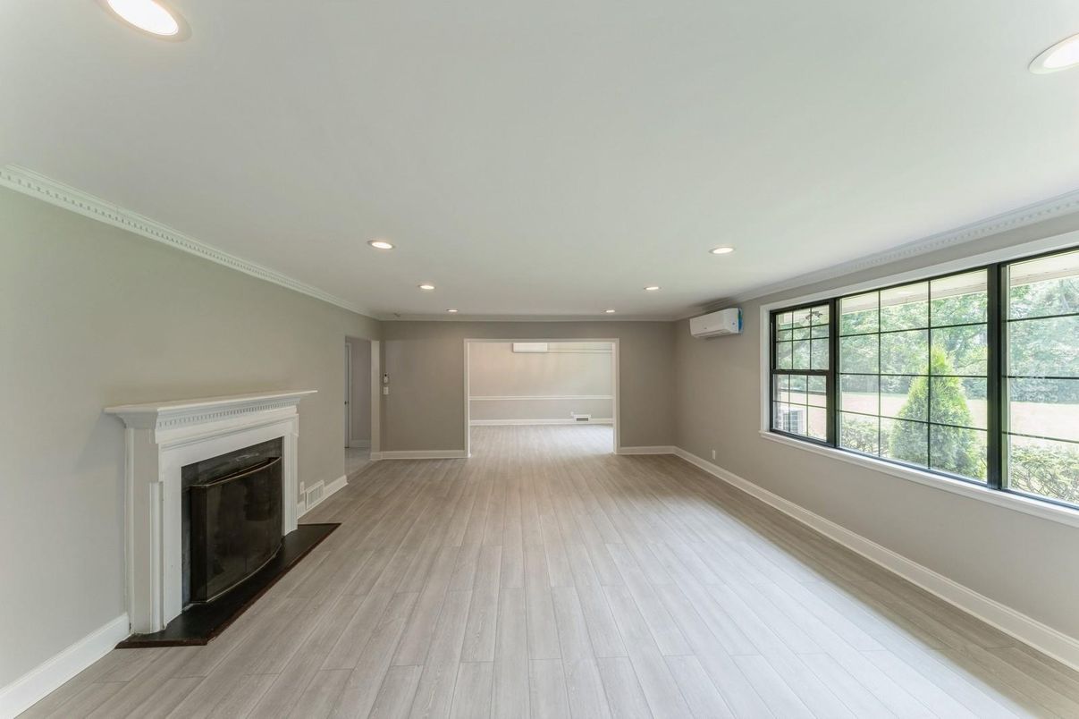 Empty room, Fireplace, Interior, Recessed Lighting, Wood Texture Flooring