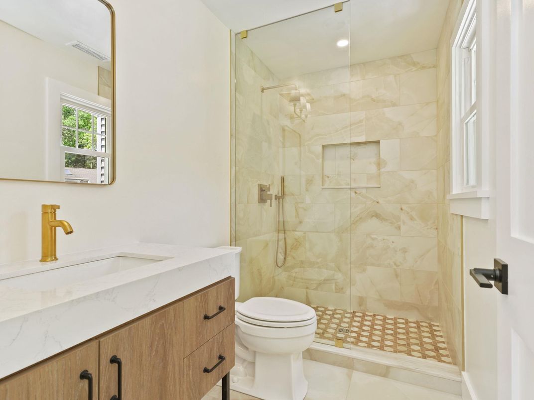 Bathroom, Glass Shower, Interior, Marble Walls, Recessed Lighting