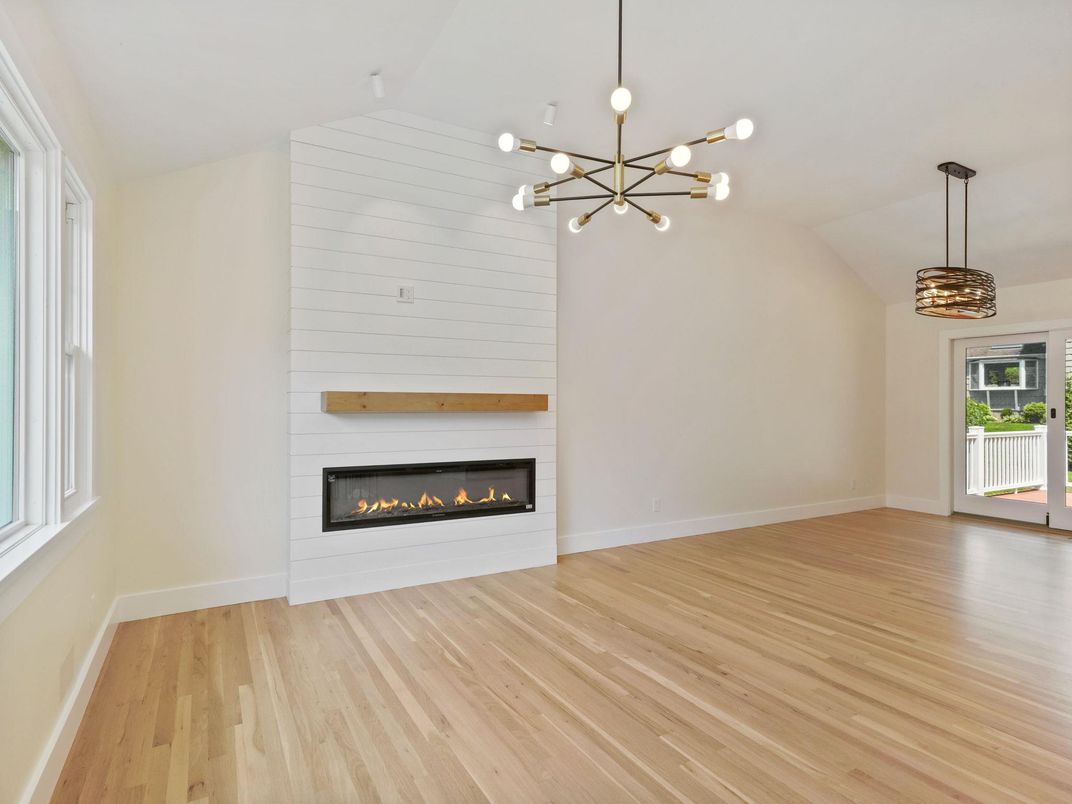 Empty room, Fireplace, Interior, Pendant Lights, Wood Texture Flooring