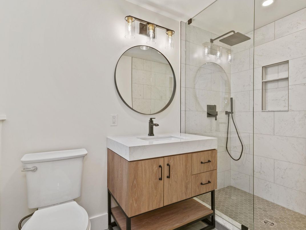 Bathroom, Glass Shower, Interior, Marble Walls, Recessed Lighting
