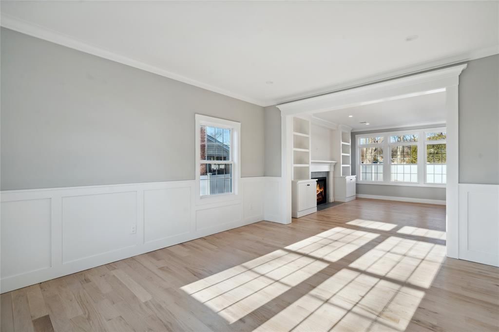 Empty room, Fireplace, Interior, Recessed Lighting, Wood Texture Flooring