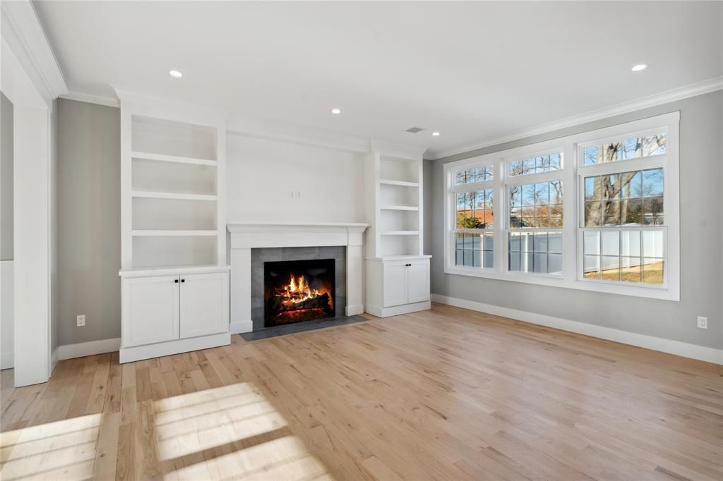 Empty room, Fireplace, Interior, Recessed Lighting, Wood Texture Flooring