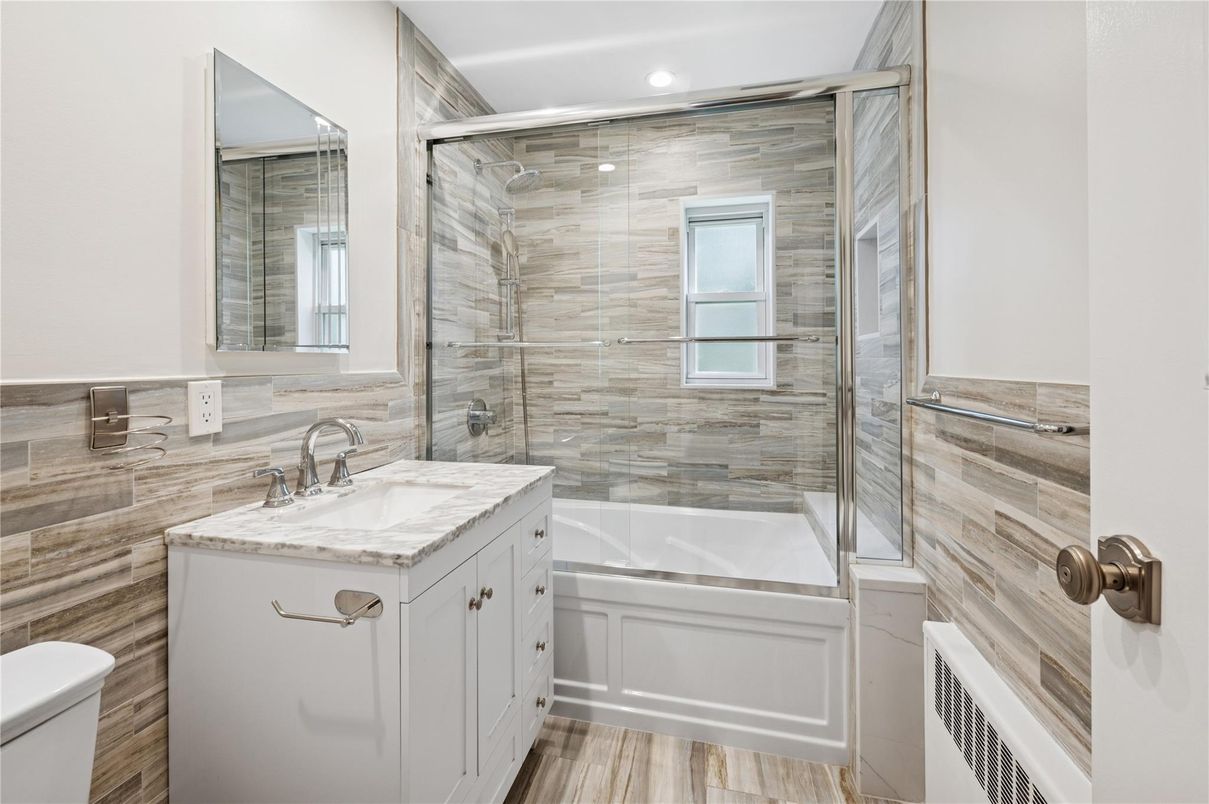 Bathroom, Glass Shower, Interior, Recessed Lighting, Wood Texture Flooring