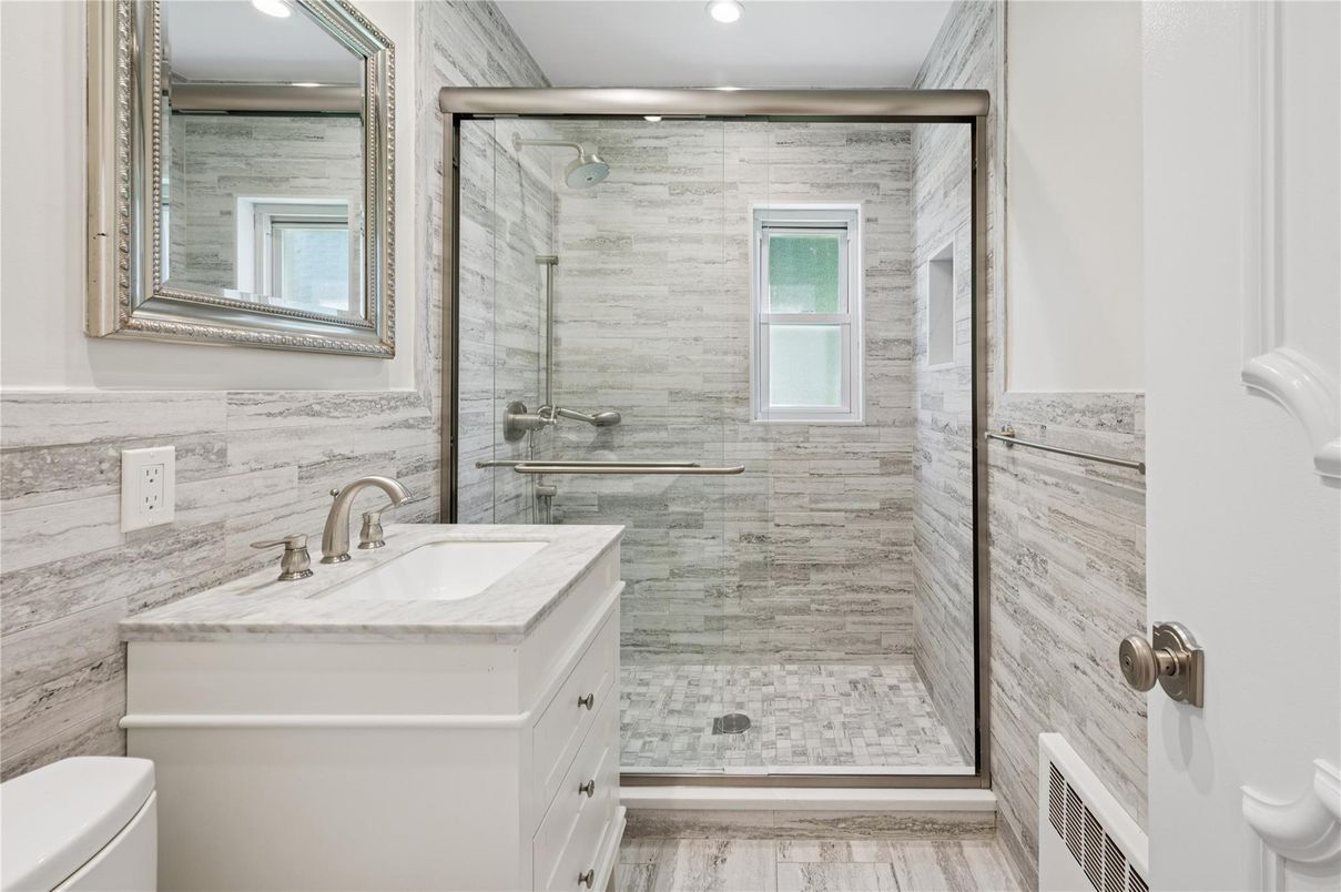 Bathroom, Glass Shower, Interior, Recessed Lighting, Wood Texture Flooring