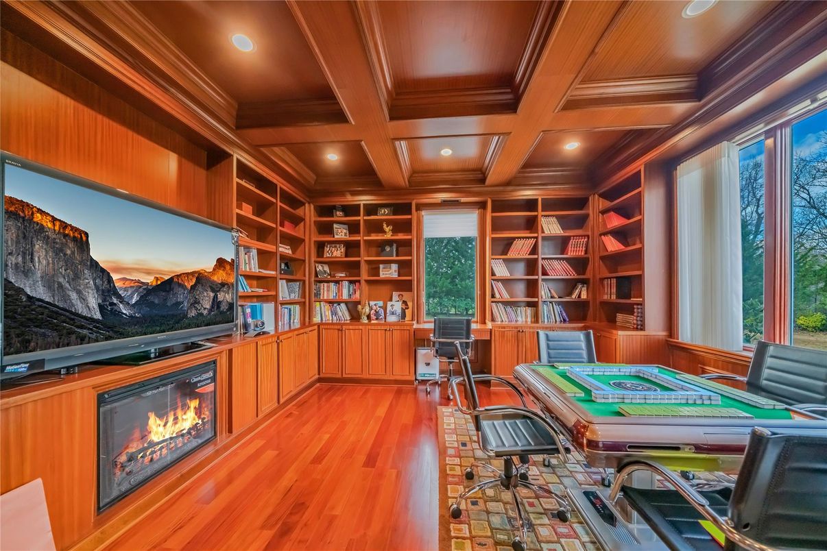 Fireplace, Home Office, Interior, Recessed Lighting, Wooden Beams, Wooden Ceilings, Wood Texture Flooring, Wooden Walls