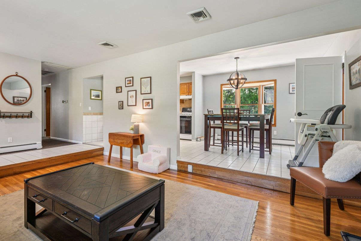 Dining room, Interior, Pendant Lights, Wood Texture Flooring