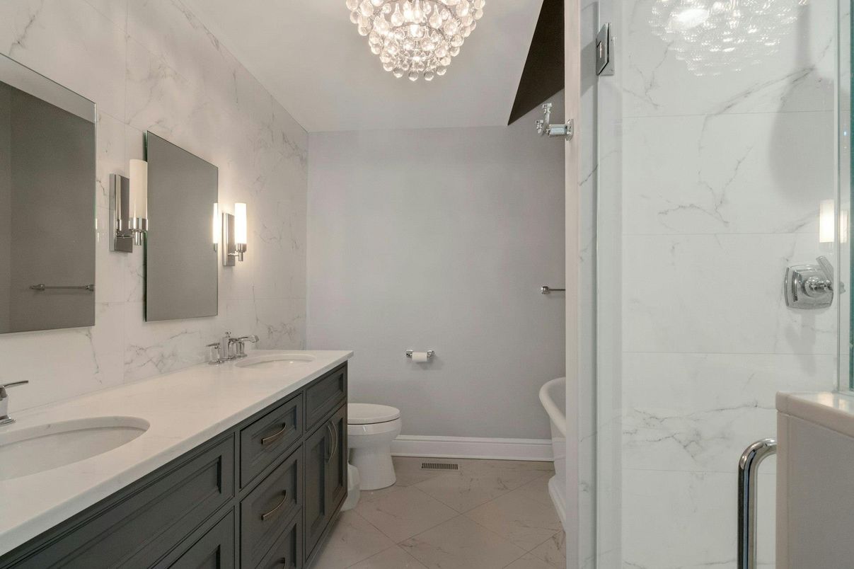 Bathroom, Chandelier, Dual Sink Vanities, Interior, Marble Walls