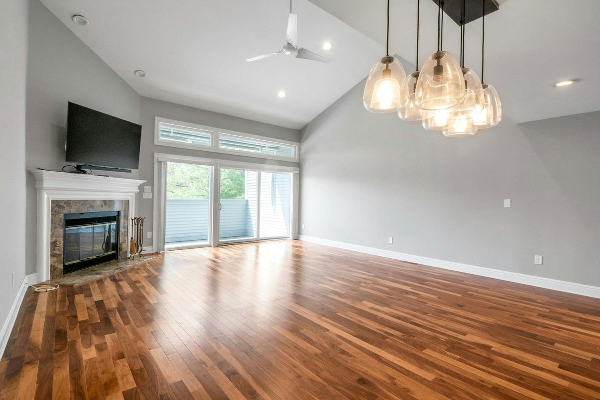 Empty room, Fireplace, Interior, Pendant Lights, Recessed Lighting, Wood Texture Flooring