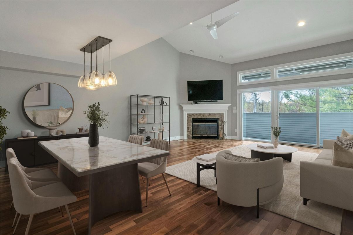 Dining room, Fireplace, Interior, Living room, Pendant Lights, Recessed Lighting, Wood Texture Flooring