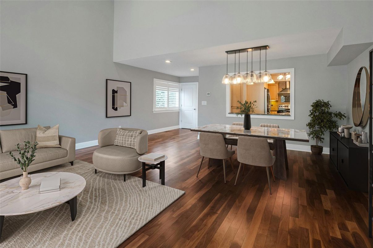 Dining room, Interior, Living room, Pendant Lights, Recessed Lighting, Wood Texture Flooring