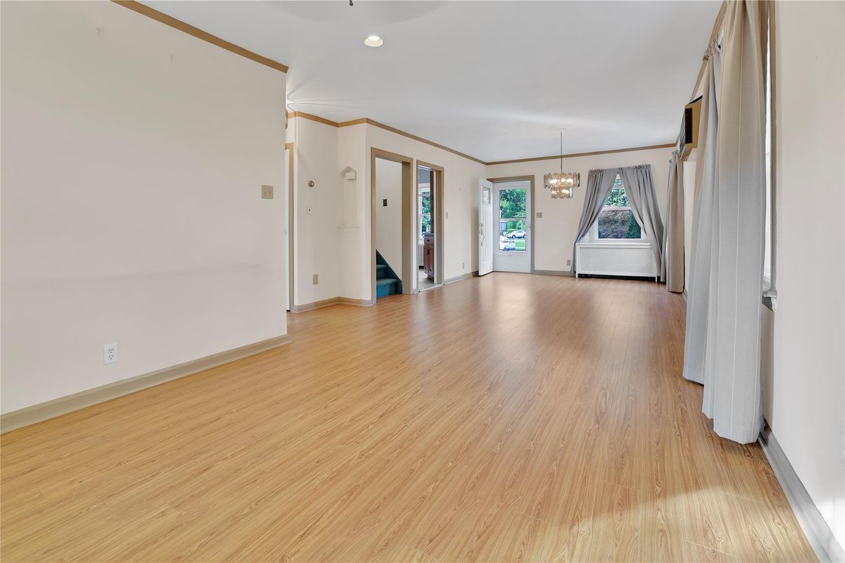 Chandelier, Empty room, Interior, Recessed Lighting, Wood Texture Flooring