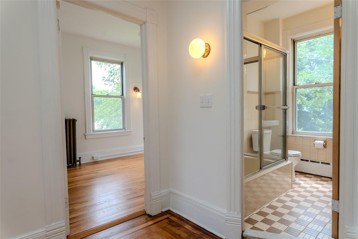 Bathroom, Glass Shower, Interior, Wood Texture Flooring