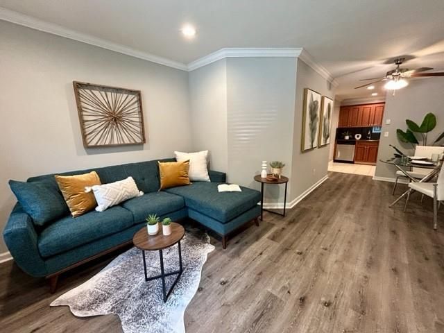Interior, Kitchen, Living room, Recessed Lighting, Wood Texture Flooring